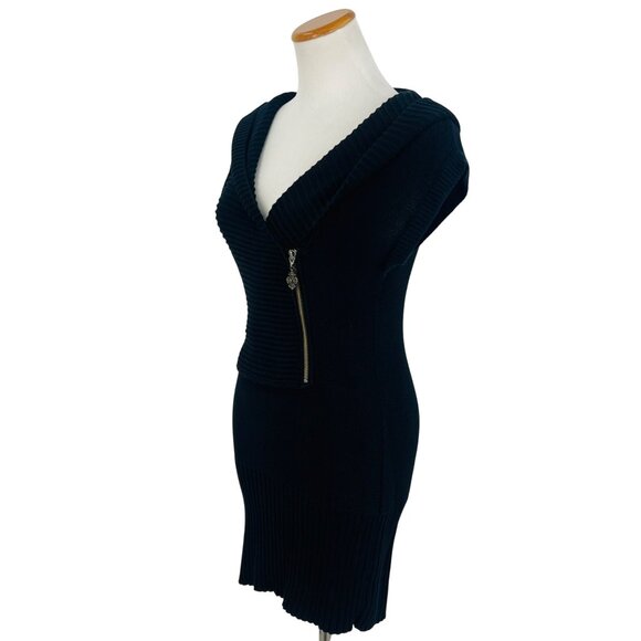 VTG Y2K GUESS Black Ribbed Hooded Mini Dress | 90s Dark Croquette Baddie Indie M - Picture 6 of 16